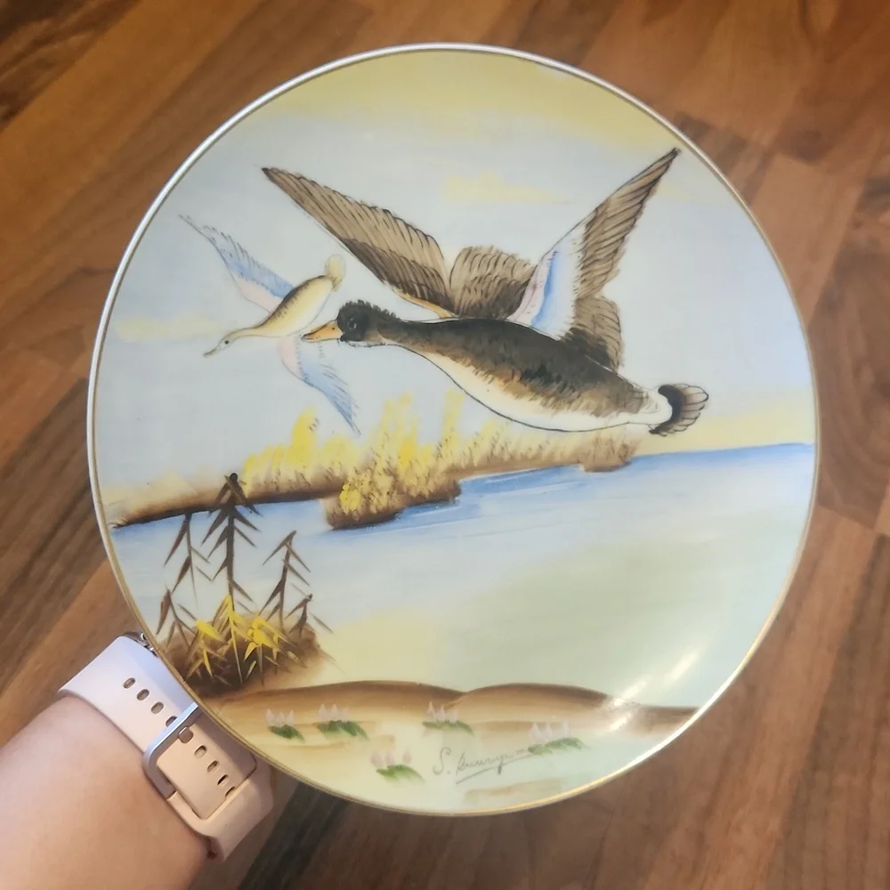 Handpainted Plate Vintage Japanese Porcelain Flying Ducks Over Water